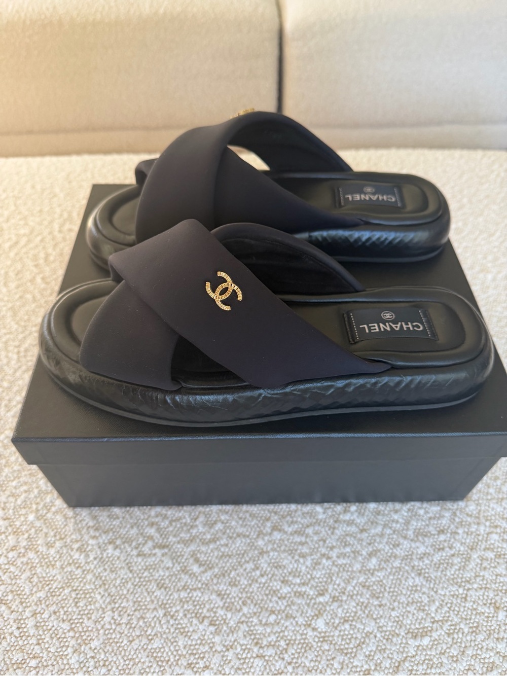 CHANEL Black Quilted CC Crossover Slide Sandals | Box Included